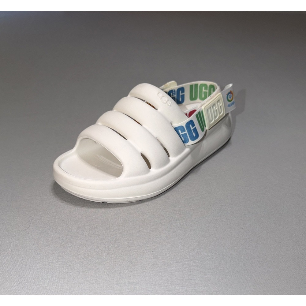 UGG Sport Yeah SO White Rainbow Special Olympics Adjustable Sandal Womans Size 7 - Picture 1 of 8